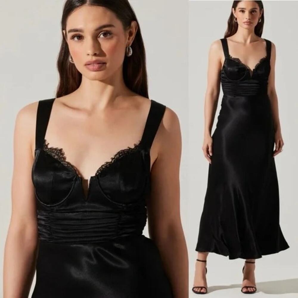 NWT ASTR Aeris Satin Lace Trim Maxi Dress | Black | SZ XL